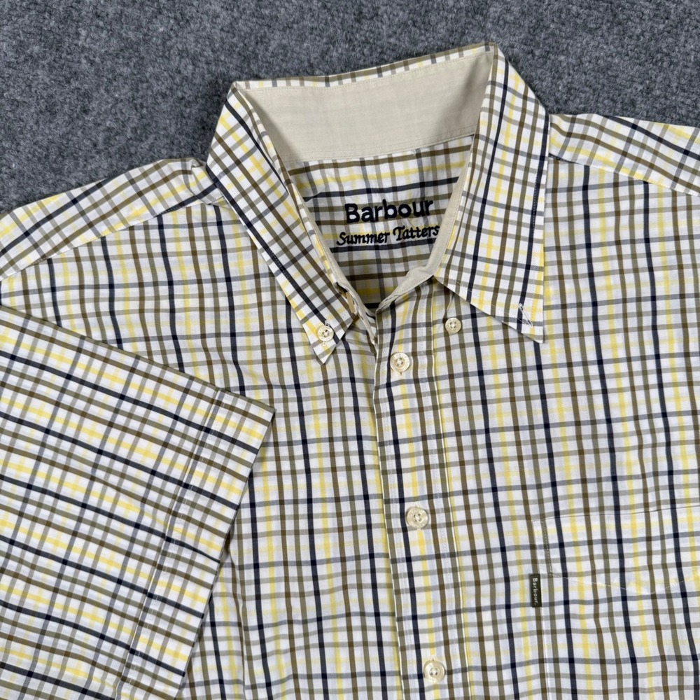 Barbour Summer Tattersall Shirt 2XL Yellow‎ Plaid Button Down Short Sleeve  Mens